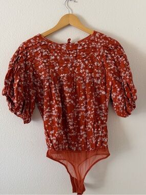 Free People Rust Floral Puff-Sleeve Bodysuit
